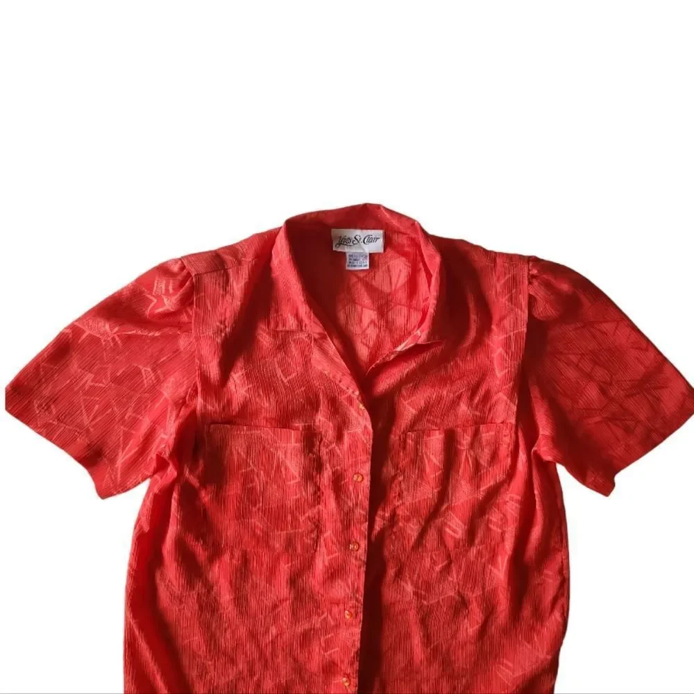 Yves St. Clair Red Jacquard Geometric Button Up Blouse‎ Vintage Size 12